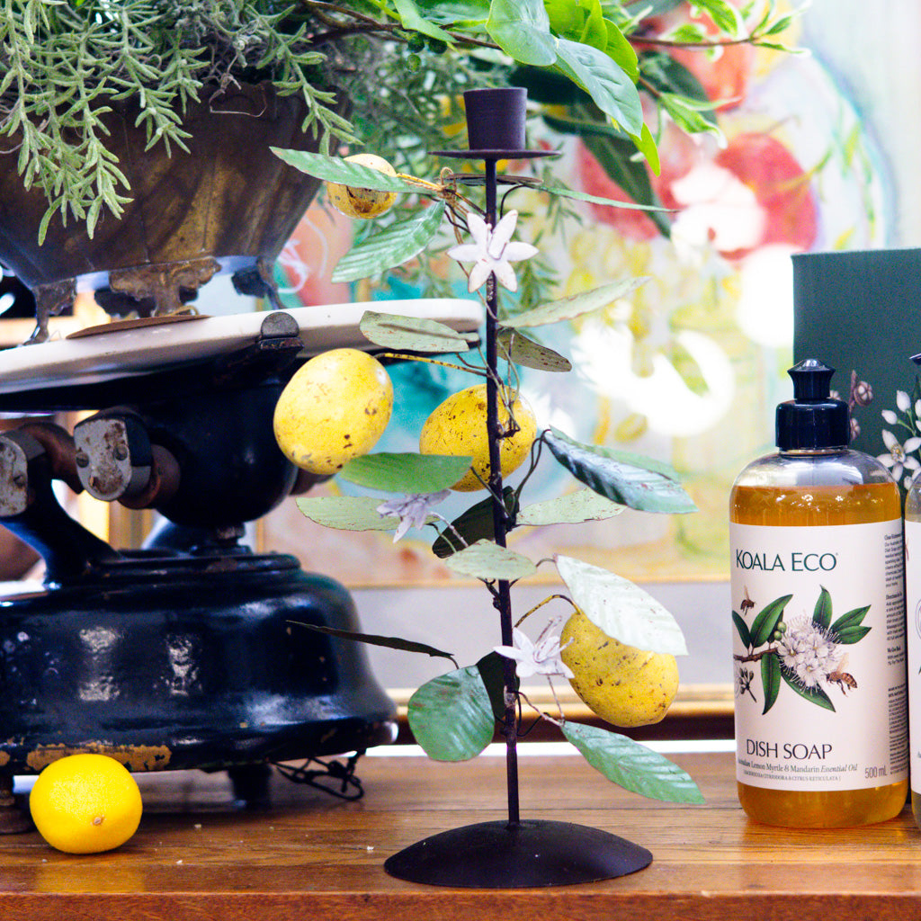 Tall Metal Taper Holder with Lemon and Leaves