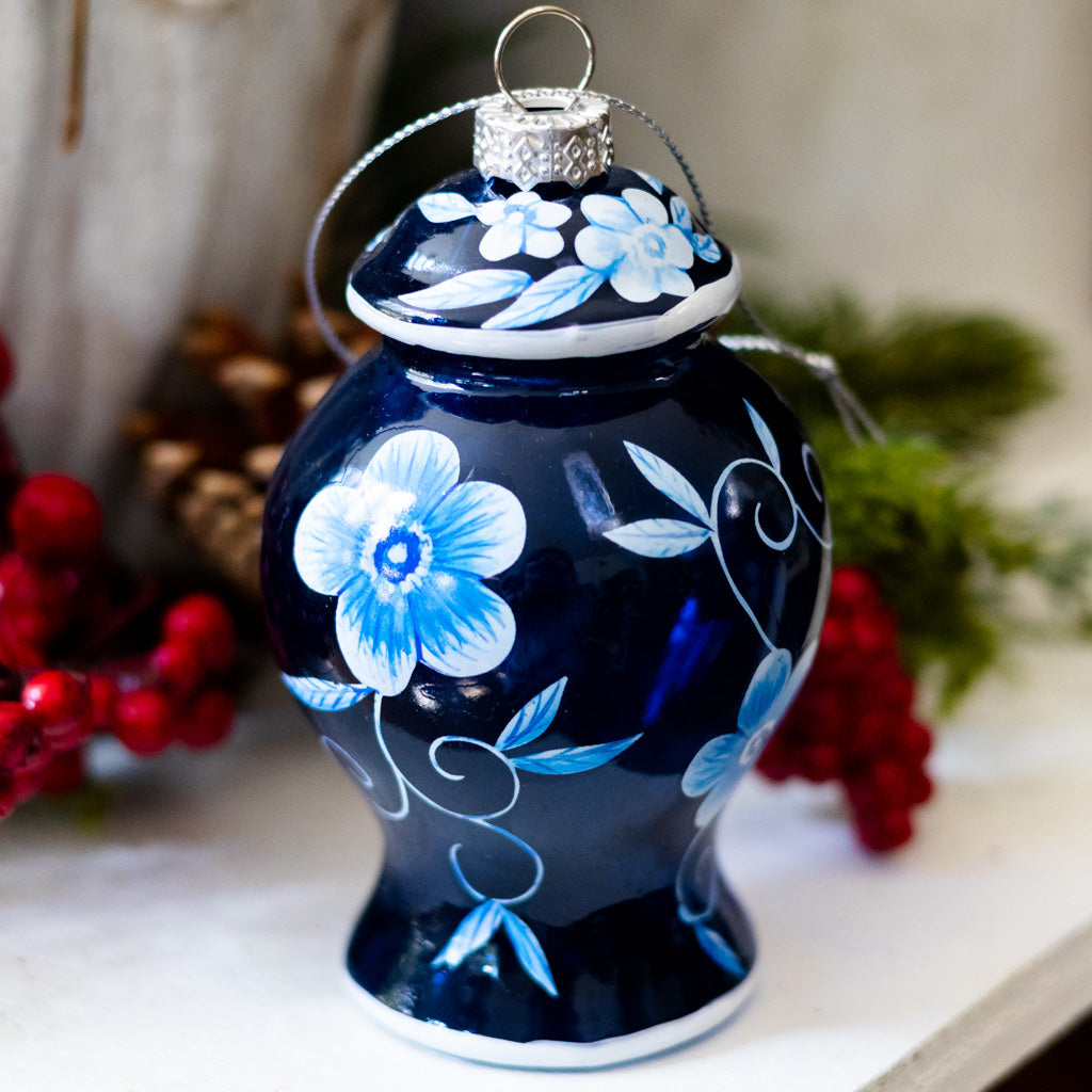 Glass Floral Blue Urn with Flowers Ornament
