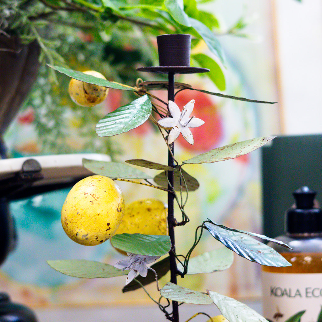 Tall Metal Taper Holder with Lemon and Leaves
