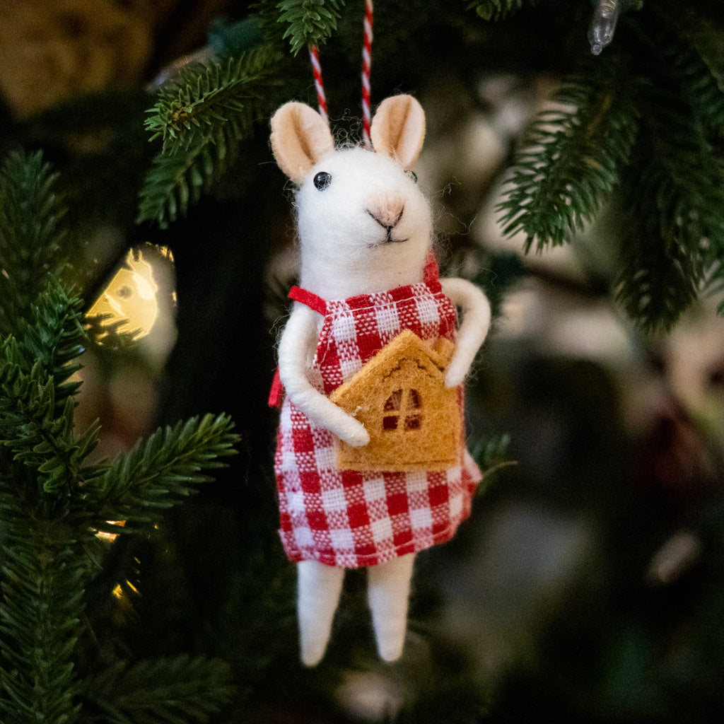 Felt Mouse with Gingerbread House Cookie Ornament