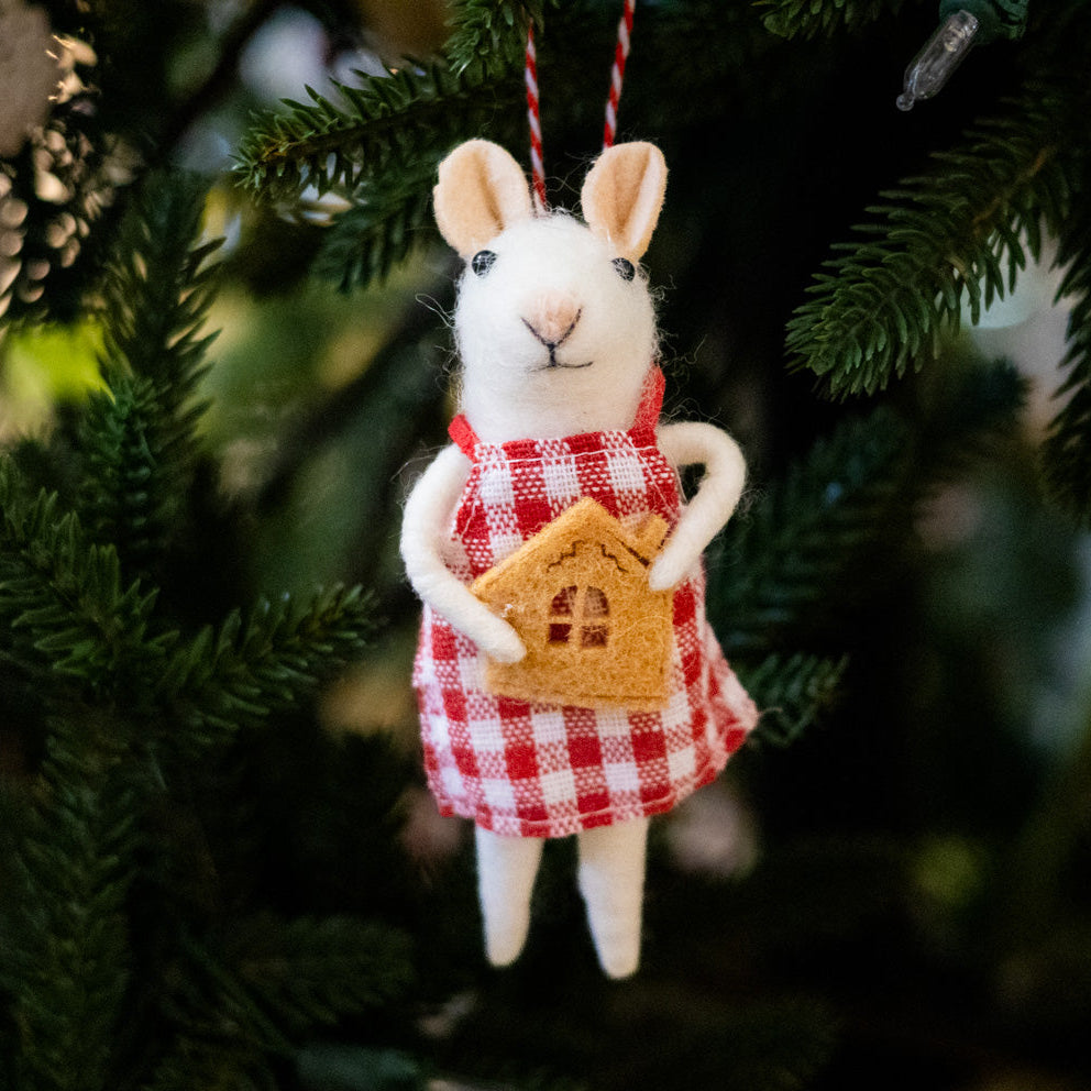 Felt Mouse with Gingerbread House Cookie Ornament
