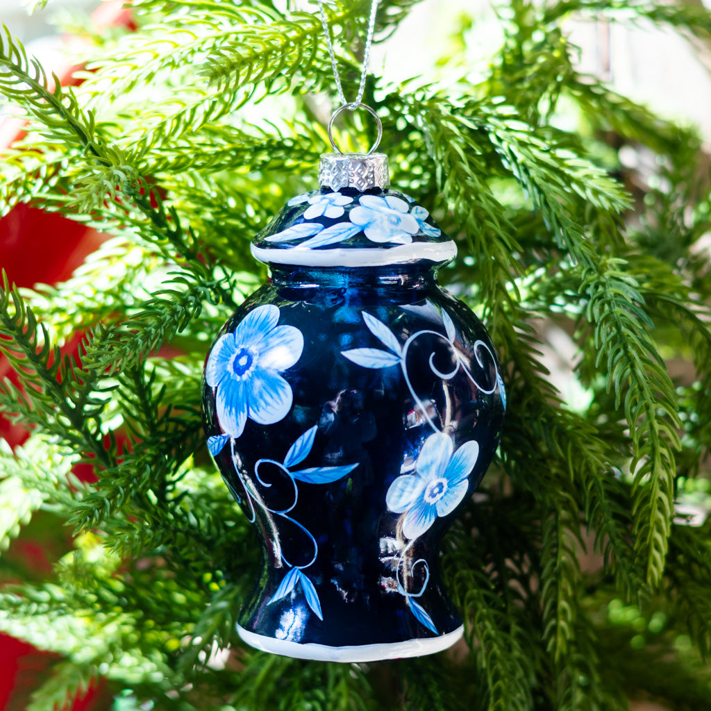 Glass Floral Blue Urn with Flowers Ornament