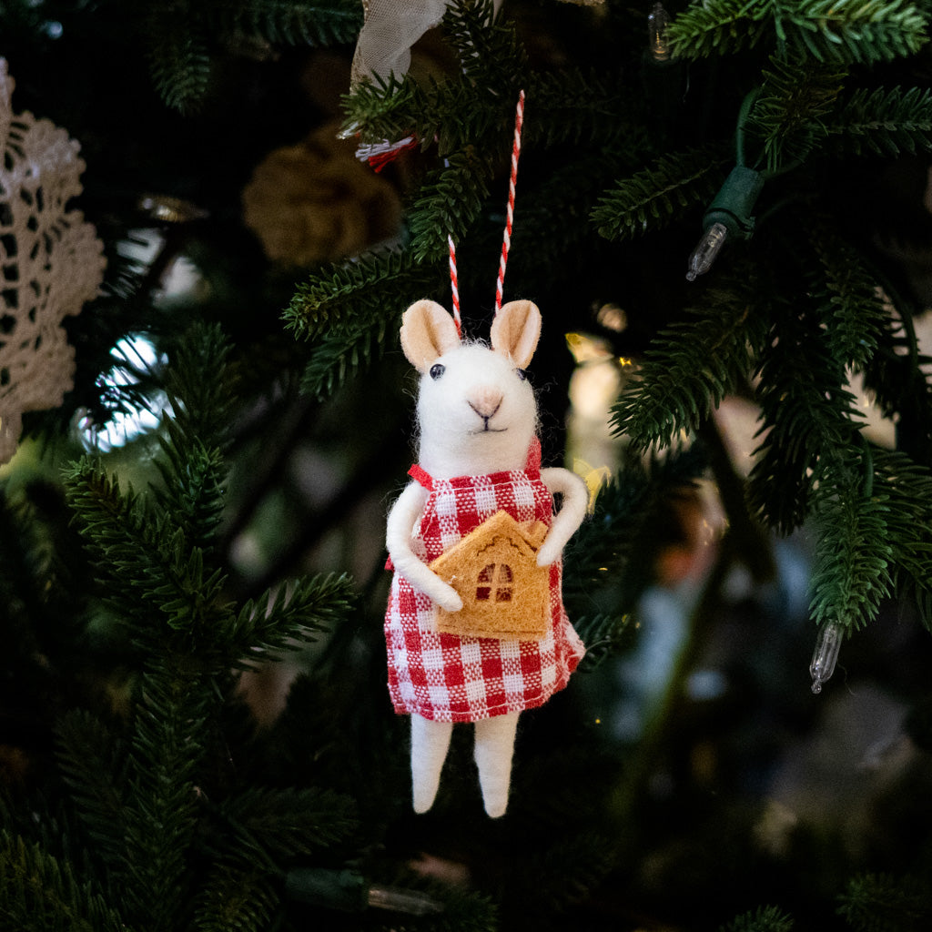 Felt Mouse with Gingerbread House Cookie Ornament