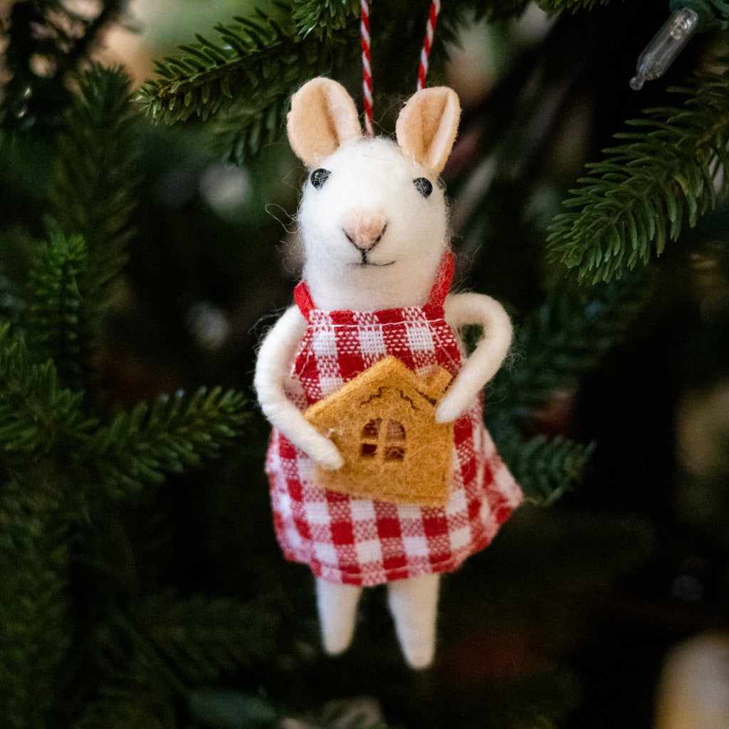 Felt Mouse with Gingerbread House Cookie Ornament