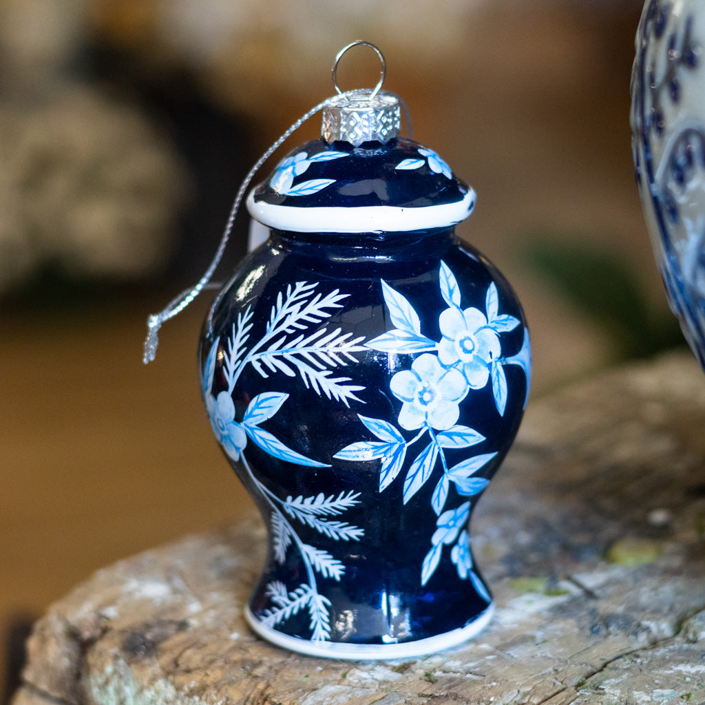 Glass Floral Blue Urn with Fern Ornament