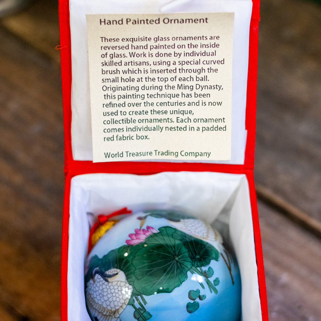 Hand Painted Wading Cranes with Pink Lotus Glass Ornament in Red Box