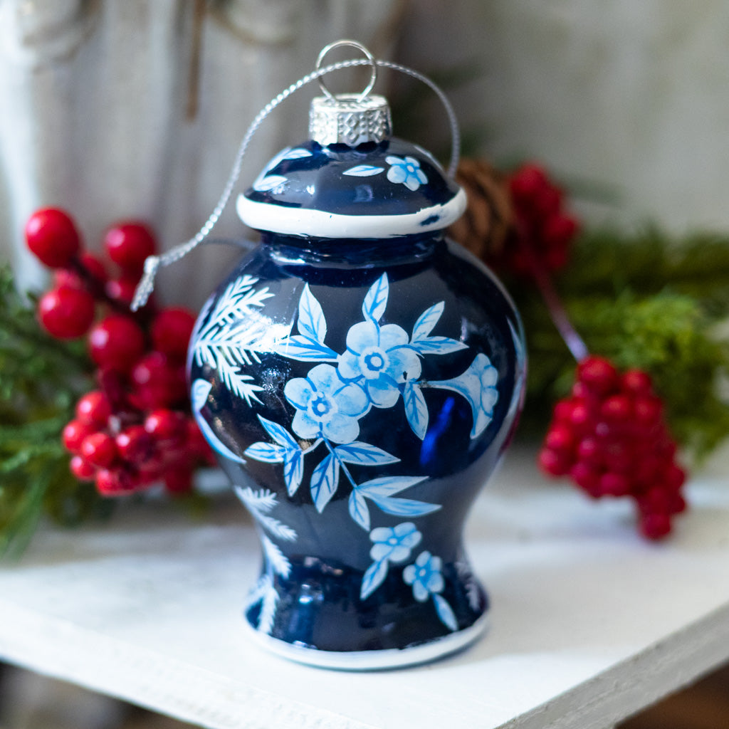 Glass Floral Blue Urn with Fern Ornament