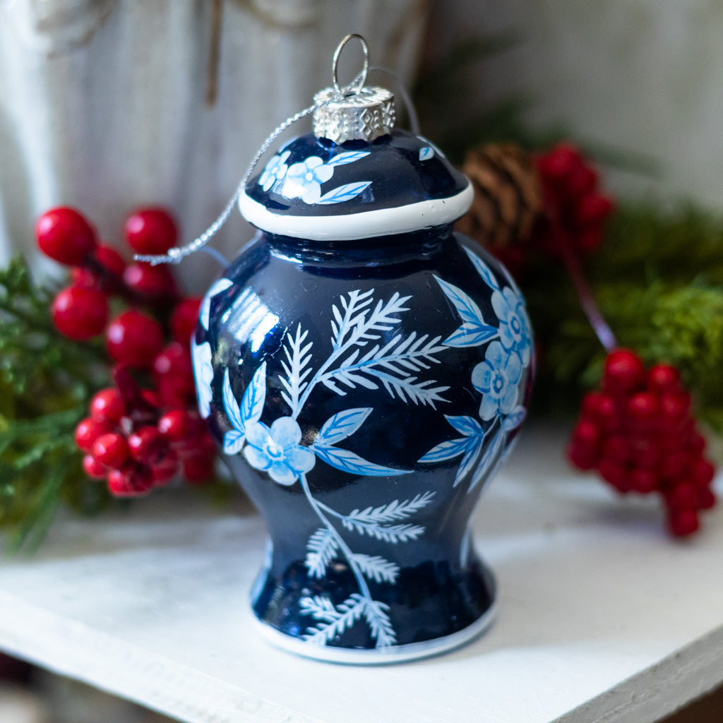 Glass Floral Blue Urn with Fern Ornament