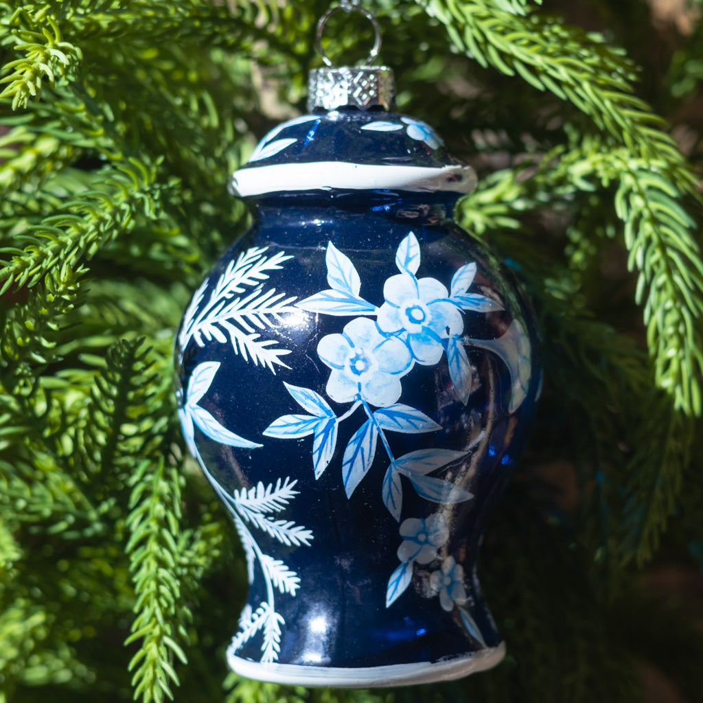 Glass Floral Blue Urn with Fern Ornament