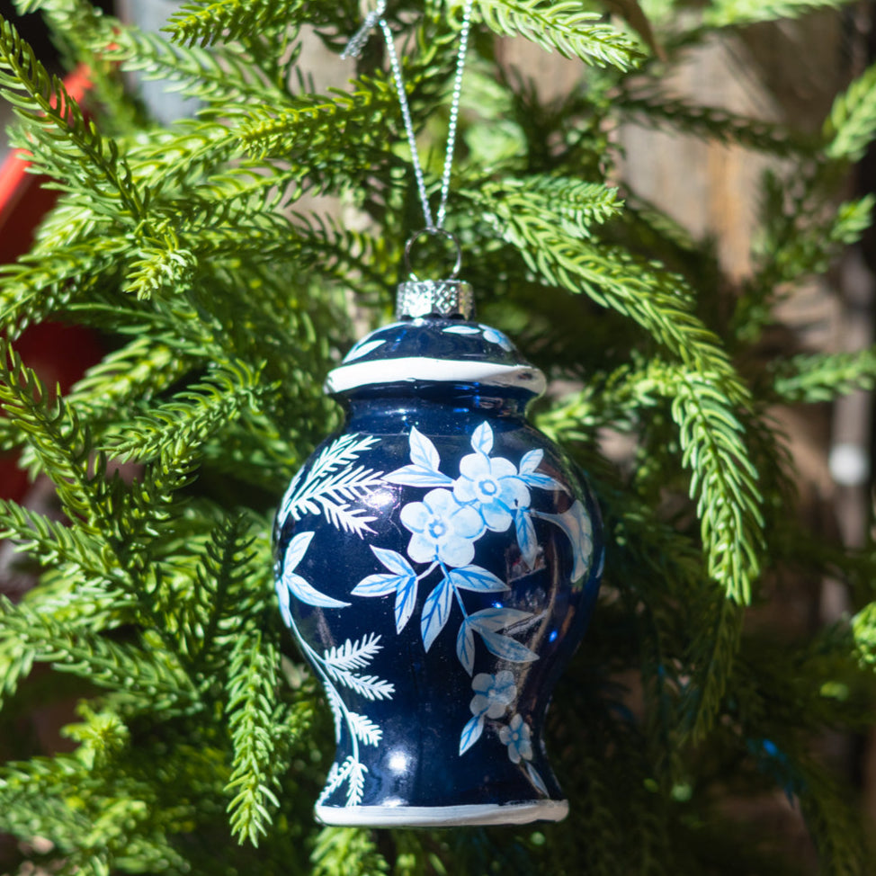 Glass Floral Blue Urn with Fern Ornament