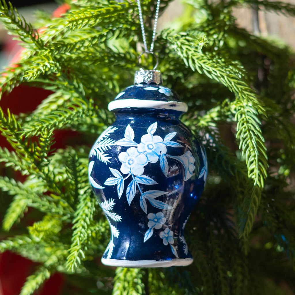 Glass Floral Blue Urn with Fern Ornament