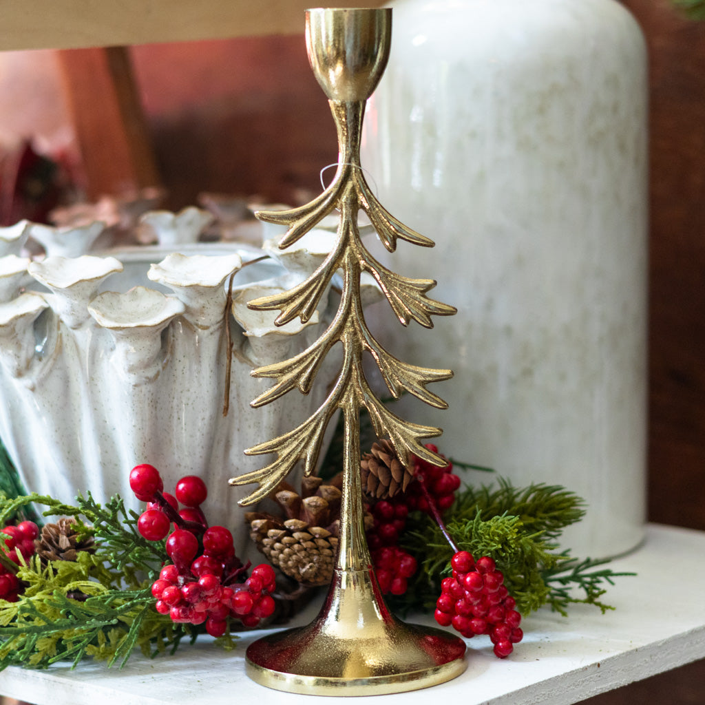 Tree Candle Holder Gold Aluminum Short