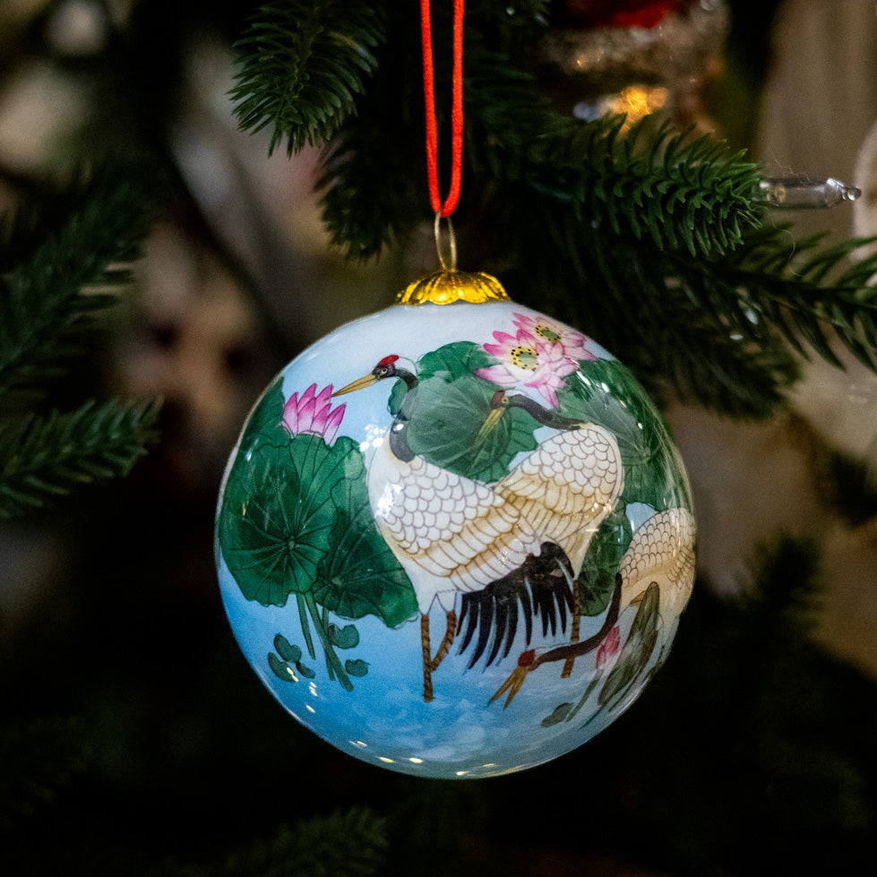 Hand Painted Wading Cranes with Pink Lotus Glass Ornament in Red Box