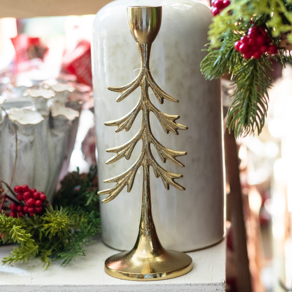 Tree Candle Holder Gold Aluminum Short