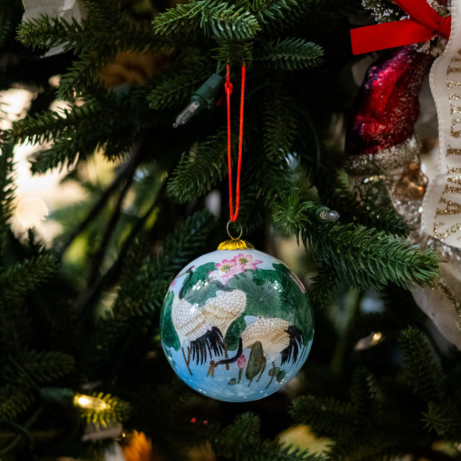 Hand Painted Wading Cranes with Pink Lotus Glass Ornament in Red Box