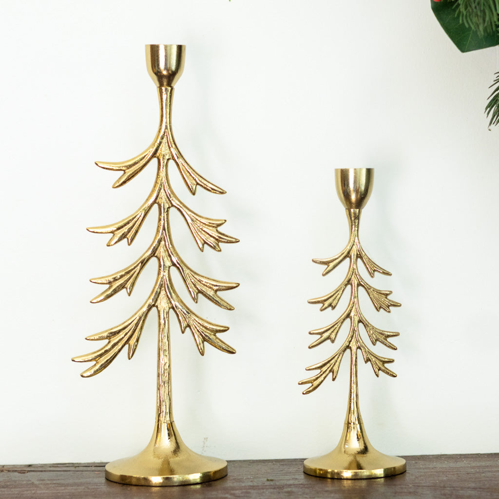 Tree Candle Holder Gold Aluminum Short