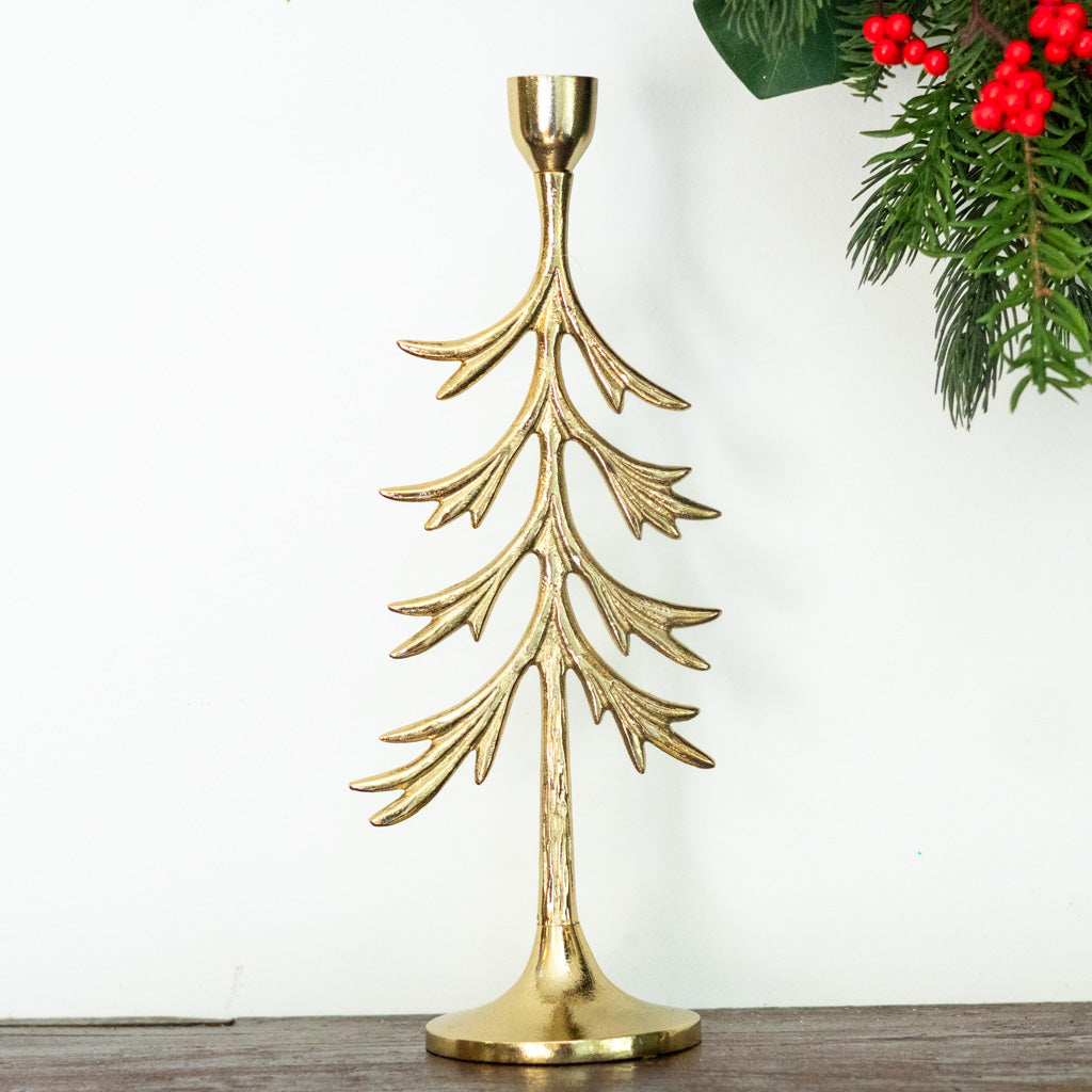 Tree Candle Holder Gold Aluminum Tall