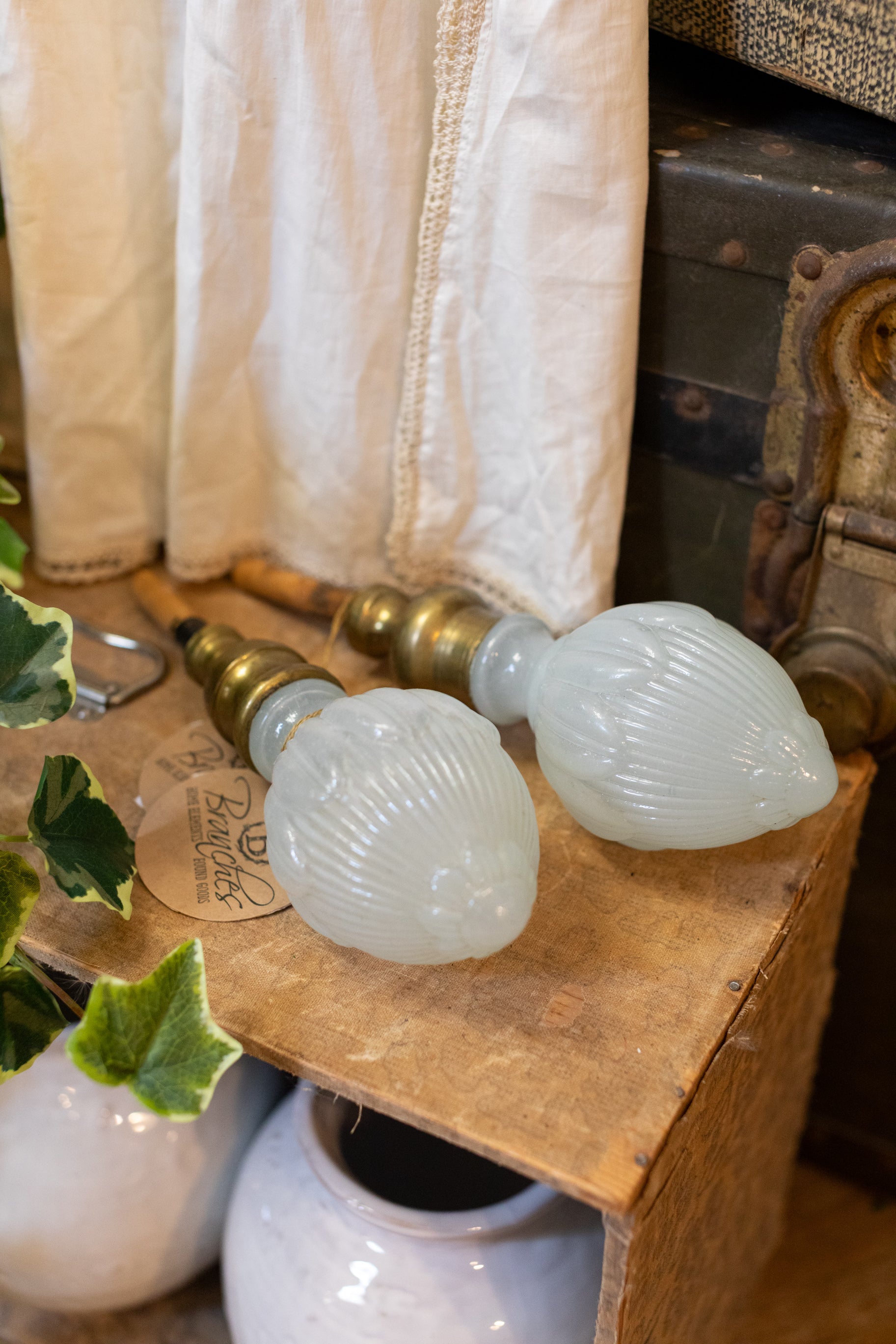 Set of 2 Antique Milk Glass & Brass Finials