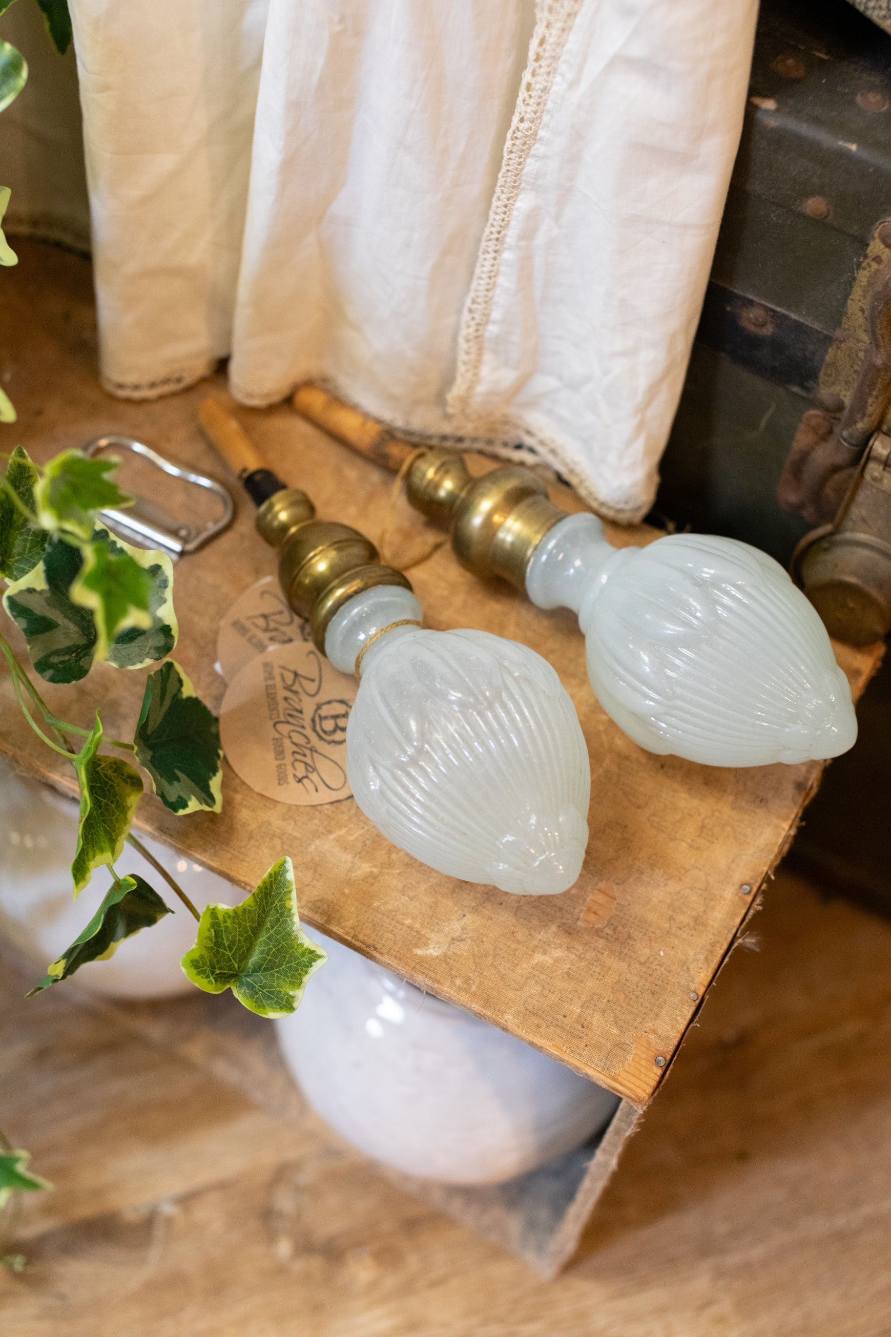 Set of 2 Antique Milk Glass & Brass Finials