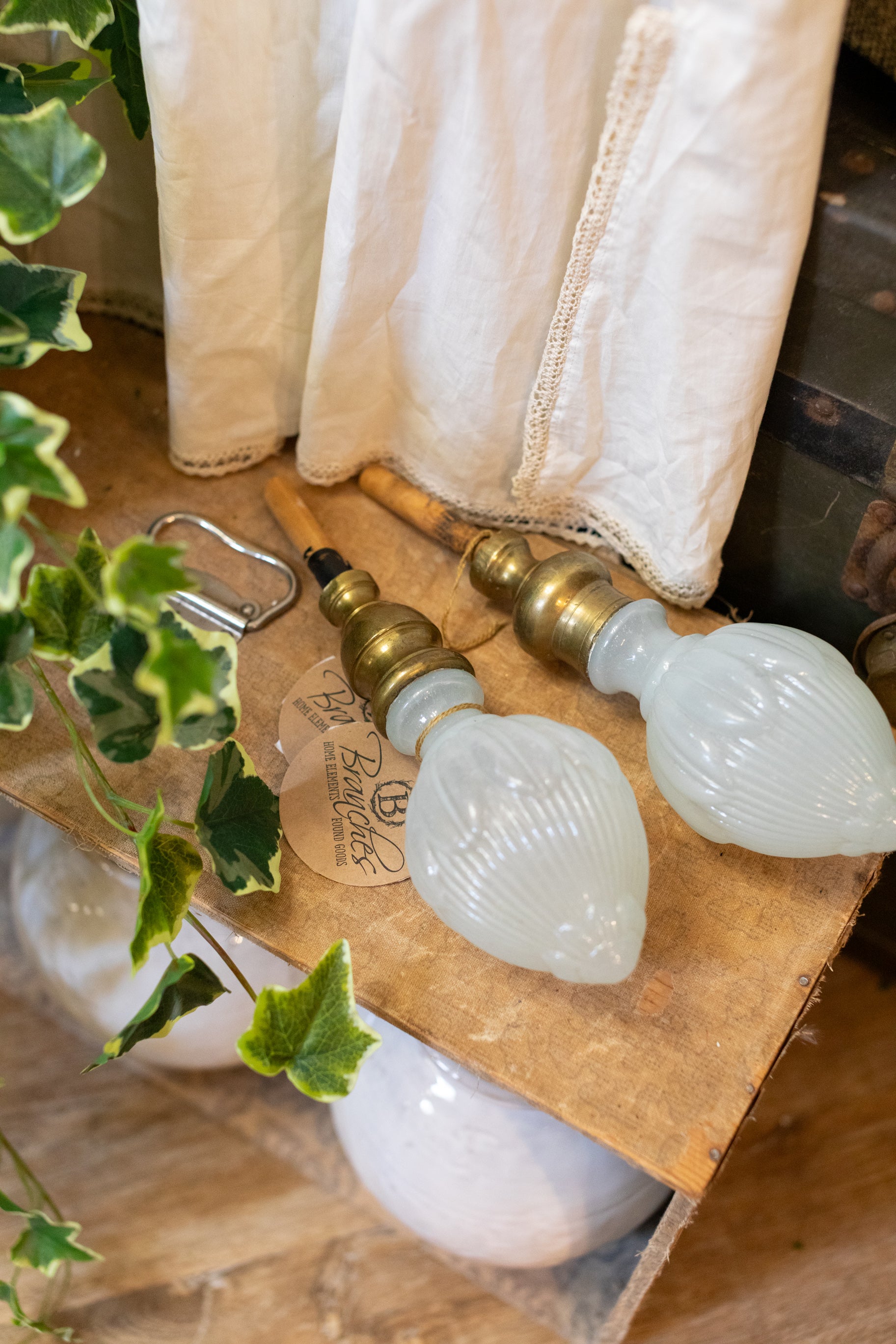 Set of 2 Antique Milk Glass & Brass Finials