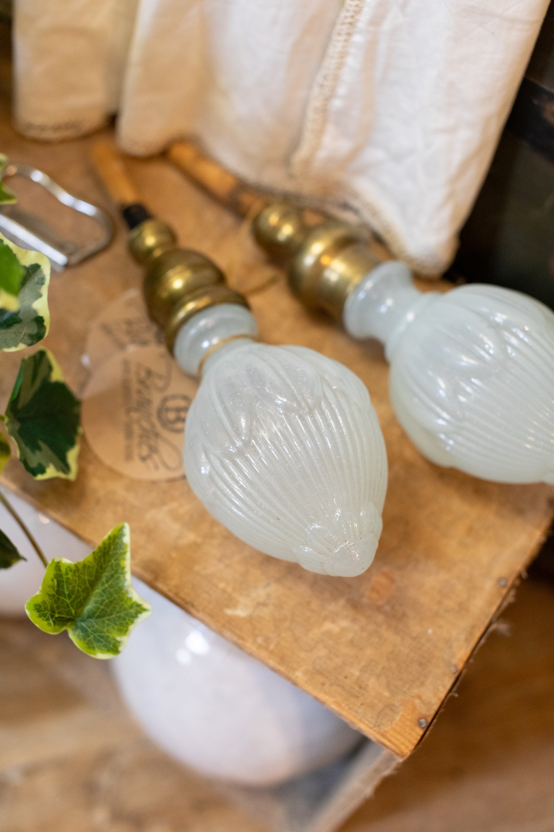 Set of 2 Antique Milk Glass & Brass Finials