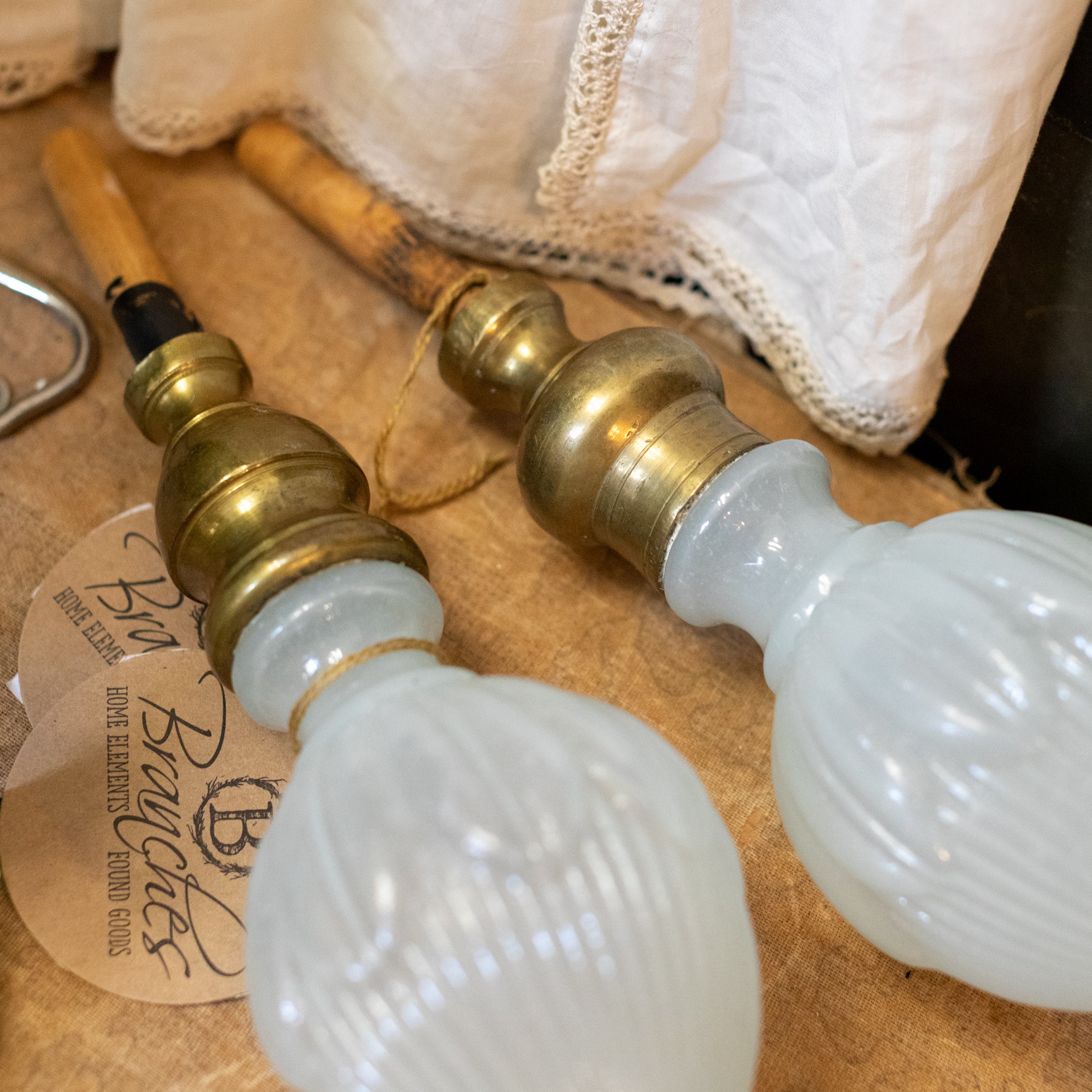 Set of 2 Antique Milk Glass & Brass Finials