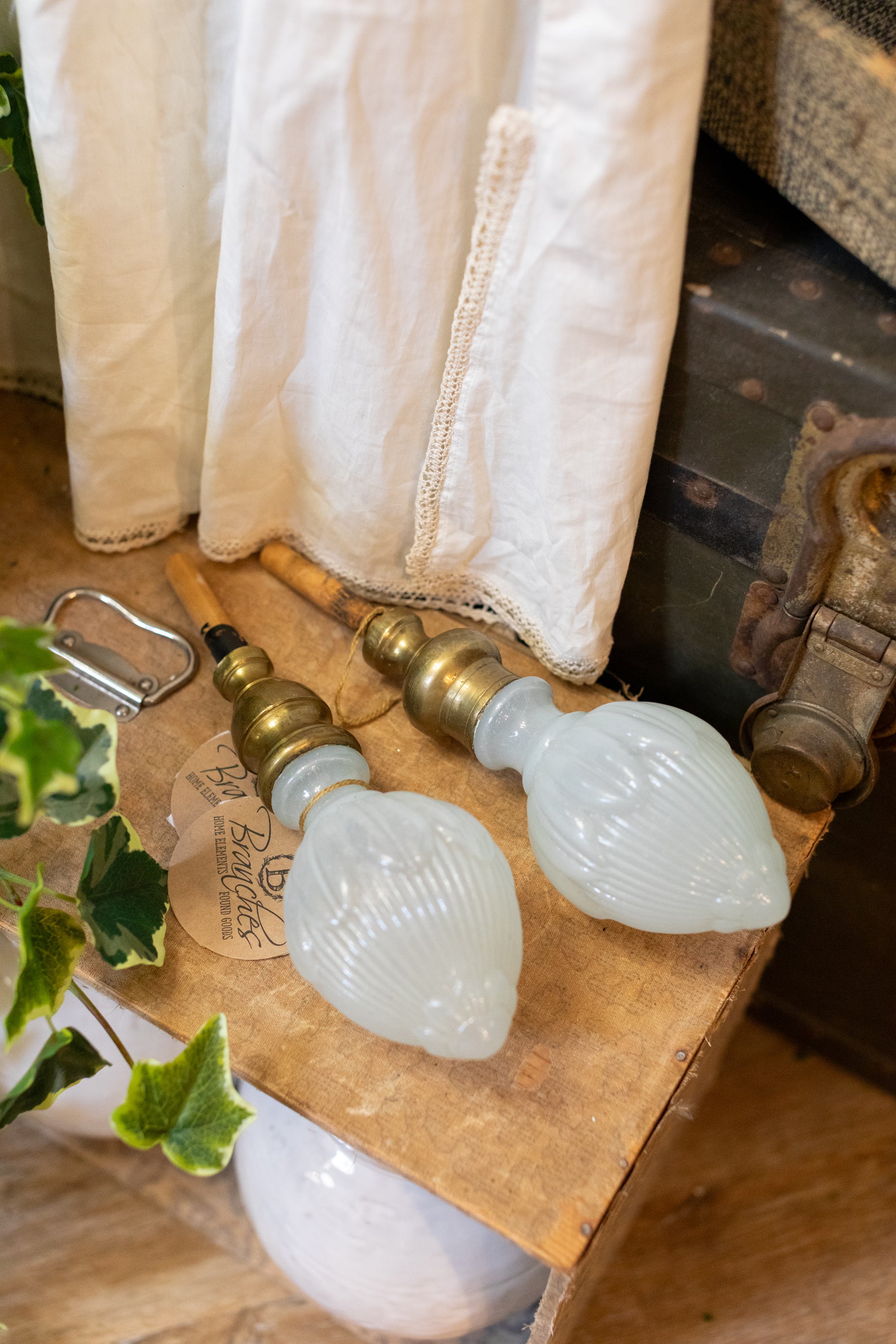 Set of 2 Antique Milk Glass & Brass Finials