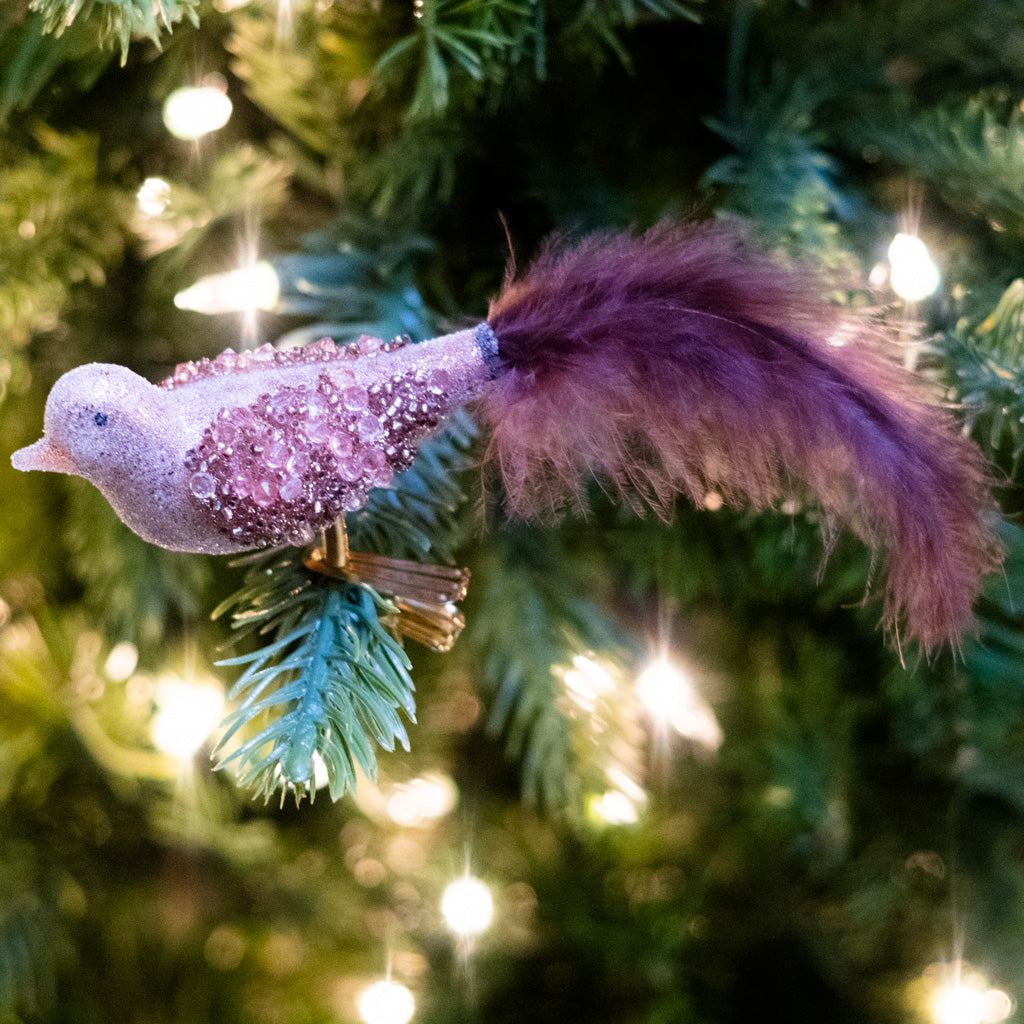 Glass Sequin Bird with Brown Feather Tail