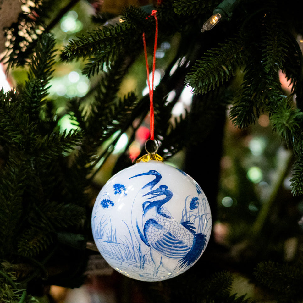 Hand Painted Blue Crane Glass Ornament in Red Box