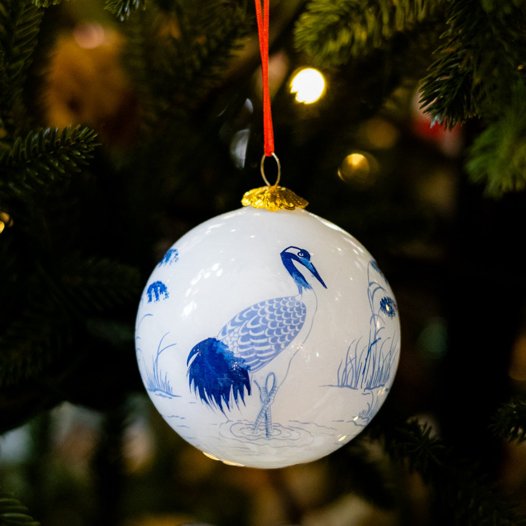 Hand Painted Blue Crane Glass Ornament in Red Box