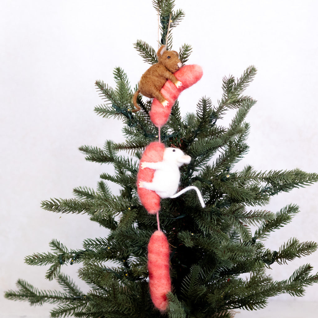 Wool Felt Mice on Sausage Food Ornament