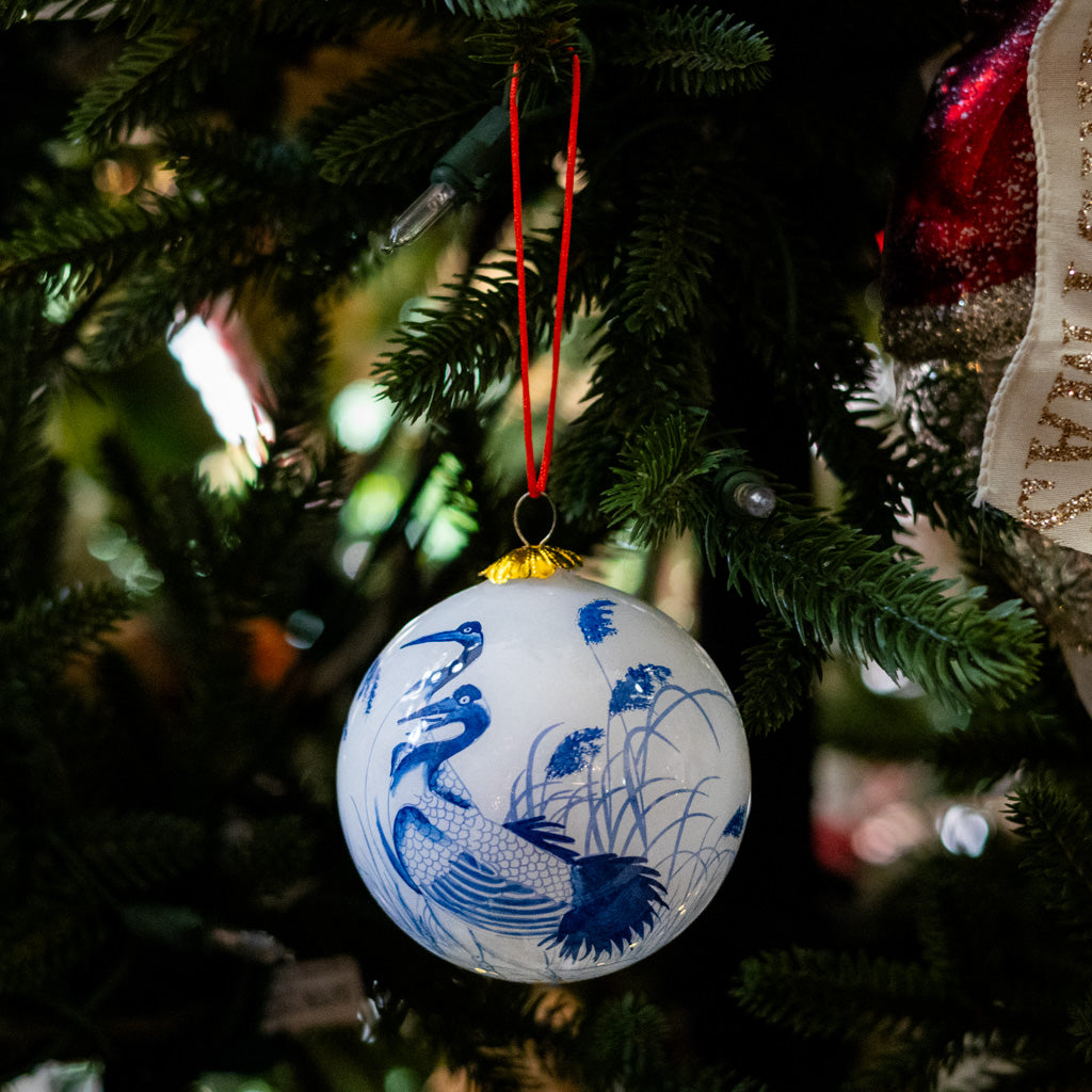 Hand Painted Blue Crane Glass Ornament in Red Box