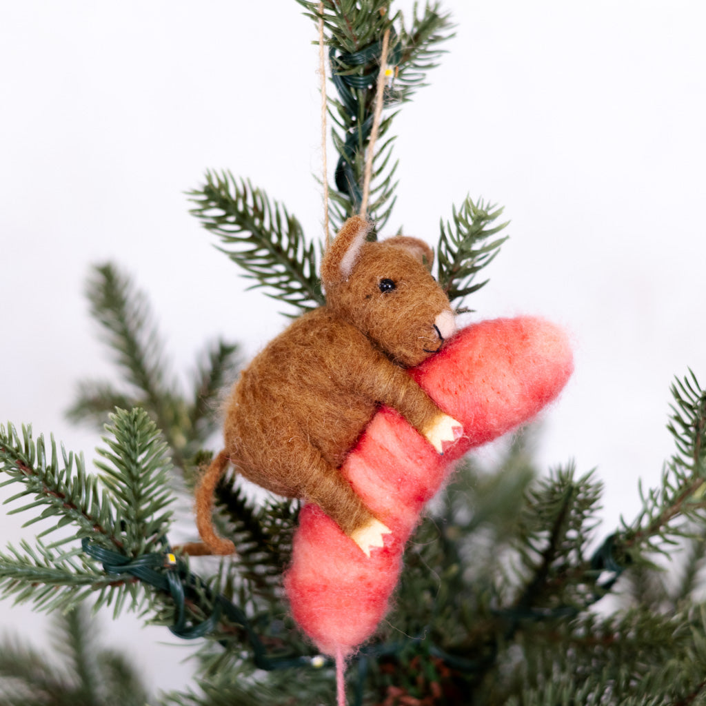 Wool Felt Mice on Sausage Food Ornament