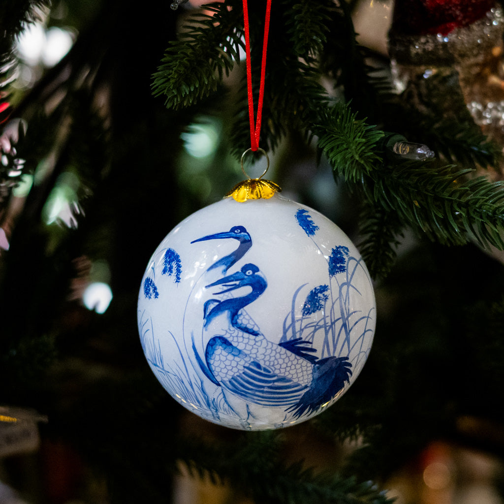 Hand Painted Blue Crane Glass Ornament in Red Box