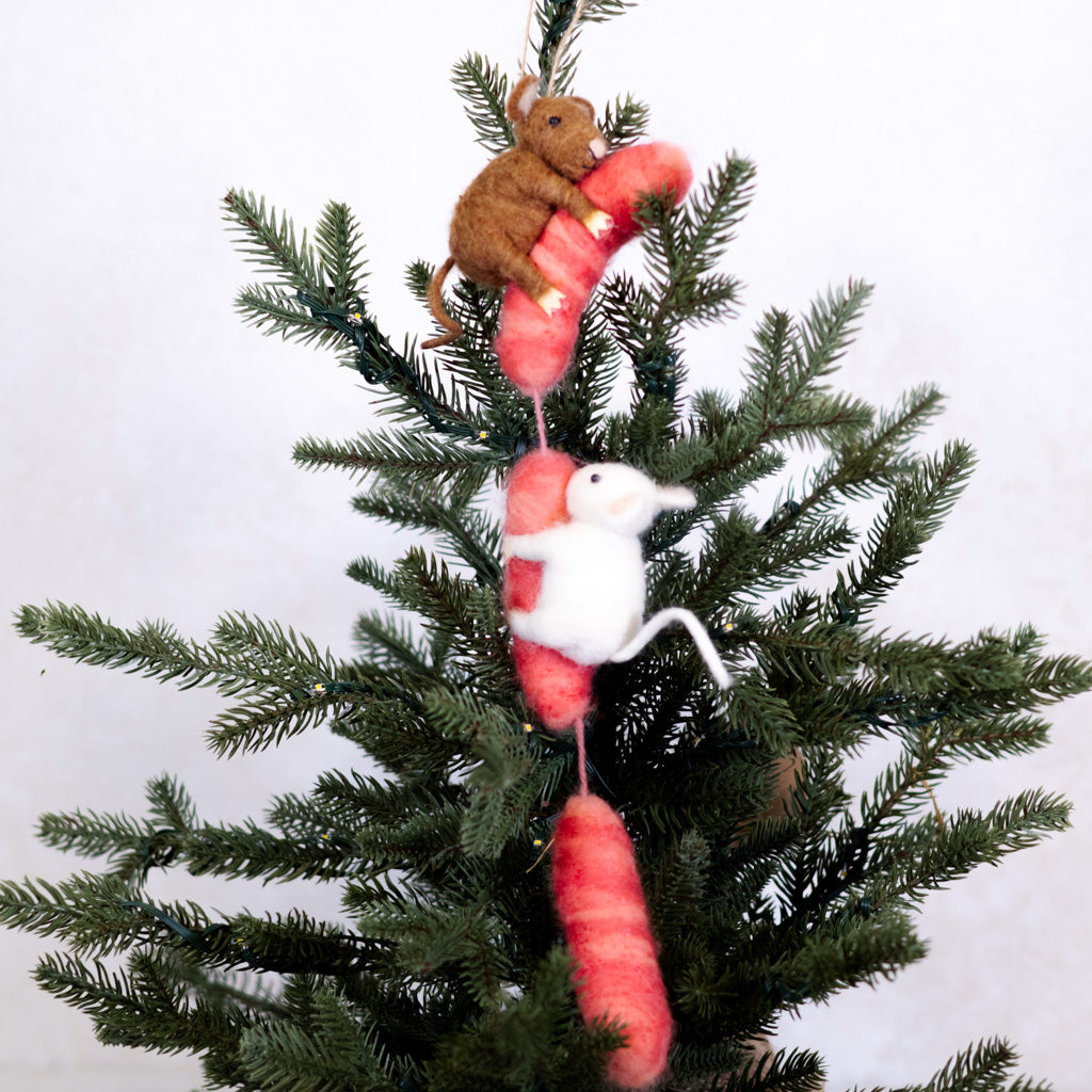 Wool Felt Mice on Sausage Food Ornament