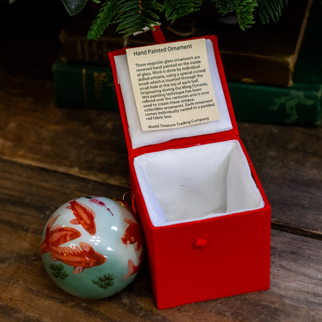Hand Painted Golden Koi and Cherry Blossoms Glass  Ornament in Red Box