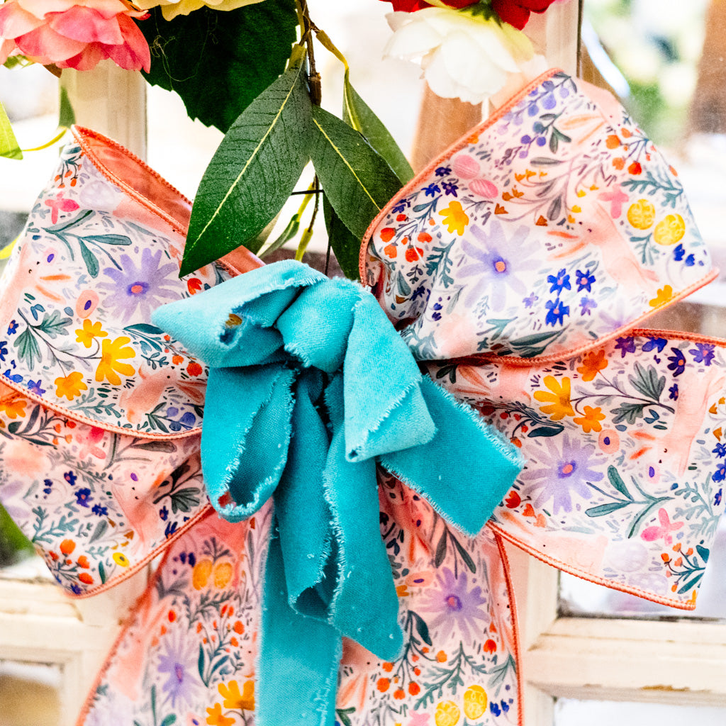 Pink & Teal Velvet Ribbon Spring Bunny Hand-Tied Bow