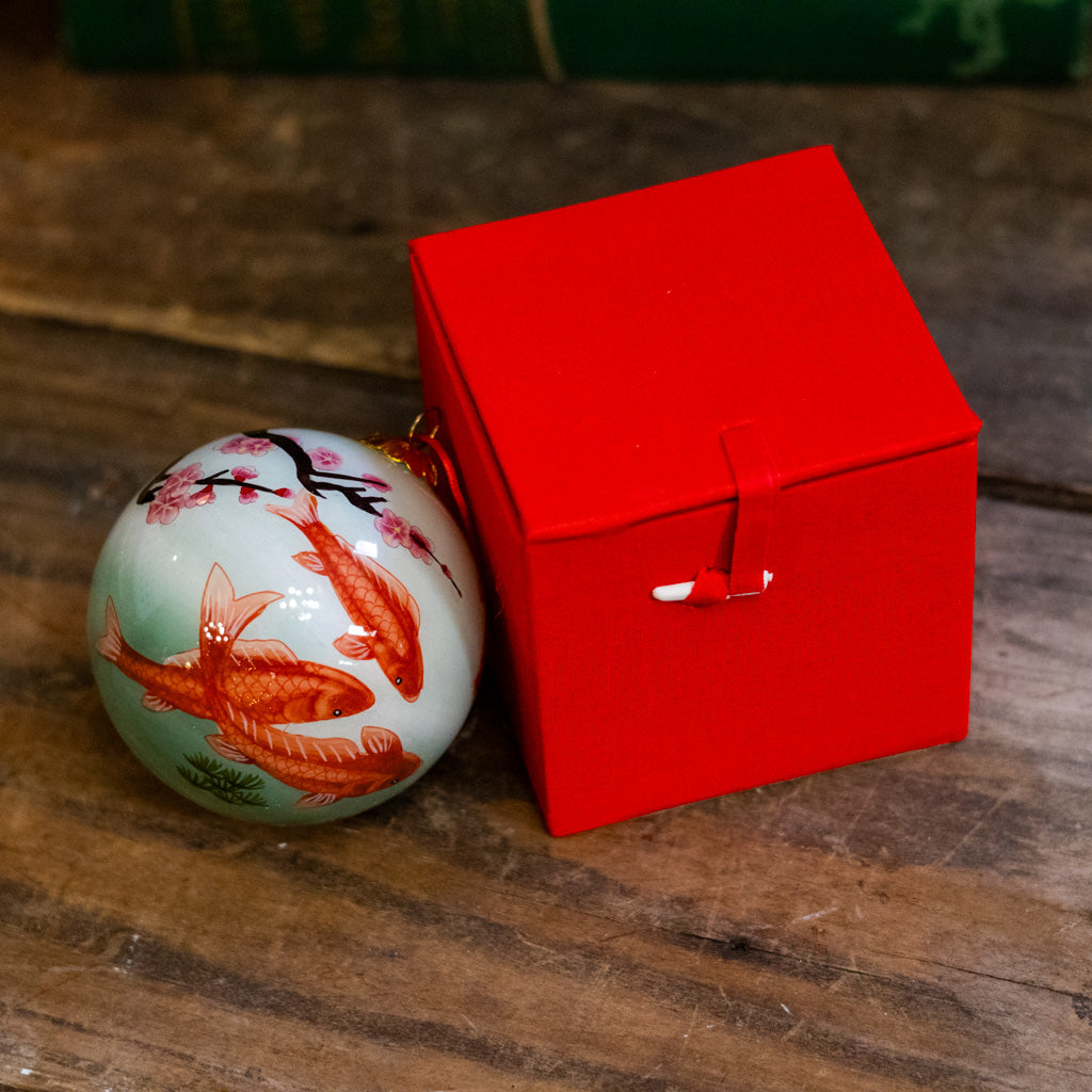 Hand Painted Golden Koi and Cherry Blossoms Glass  Ornament in Red Box