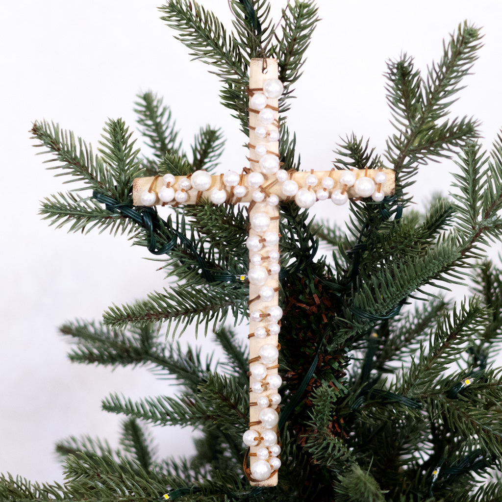 Metal Wire Cross with White Beads