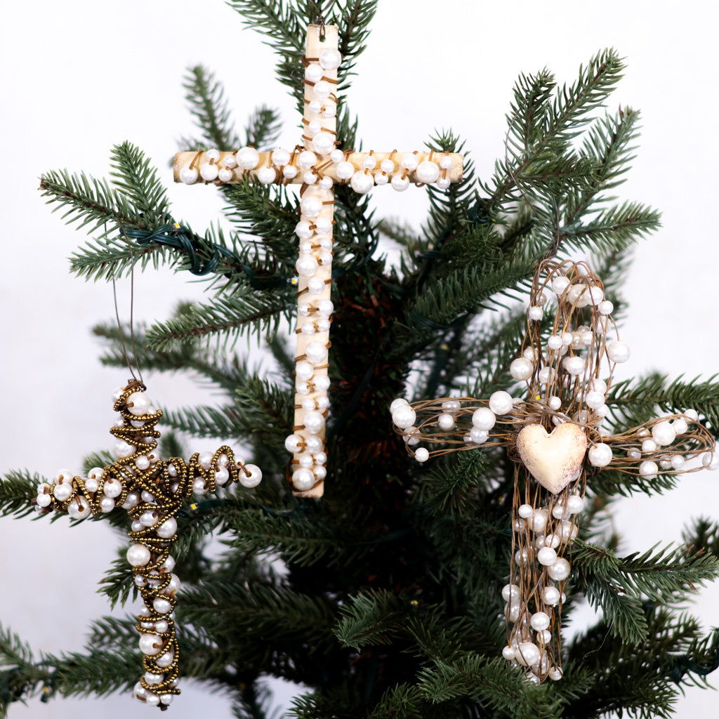 Metal Wire Cross with White Beads
