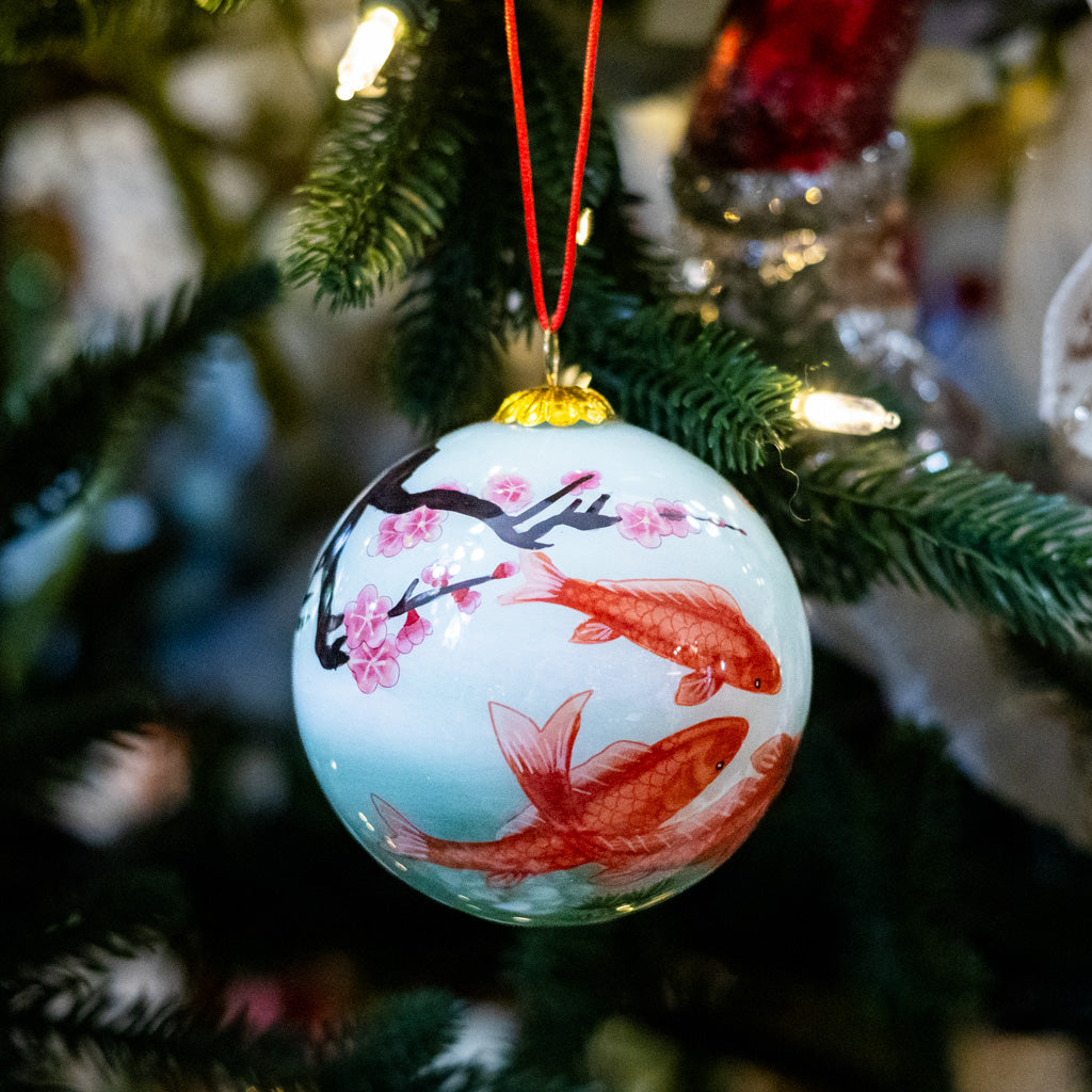 Hand Painted Golden Koi and Cherry Blossoms Glass  Ornament in Red Box