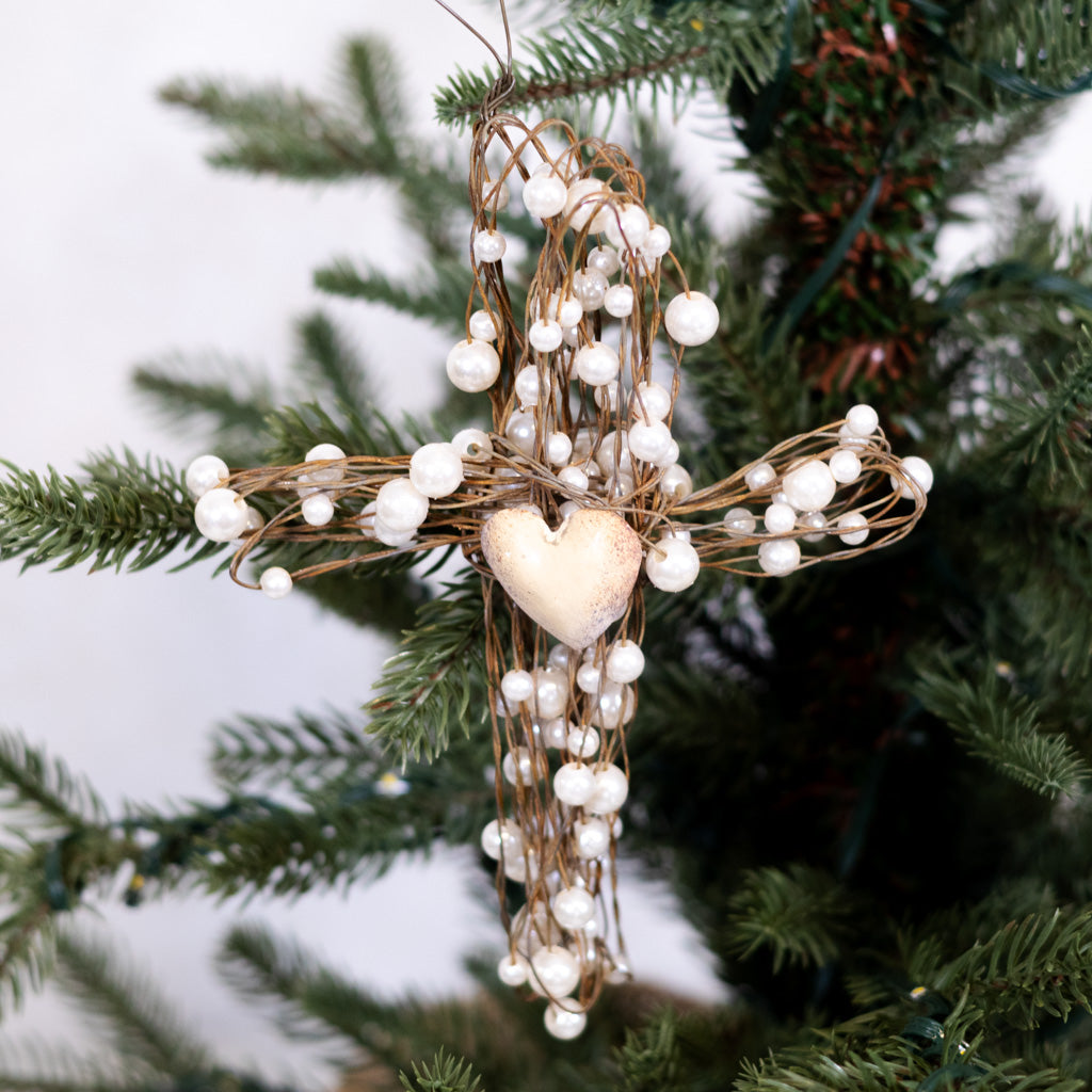Metal Wire Cross with Beads and Heart