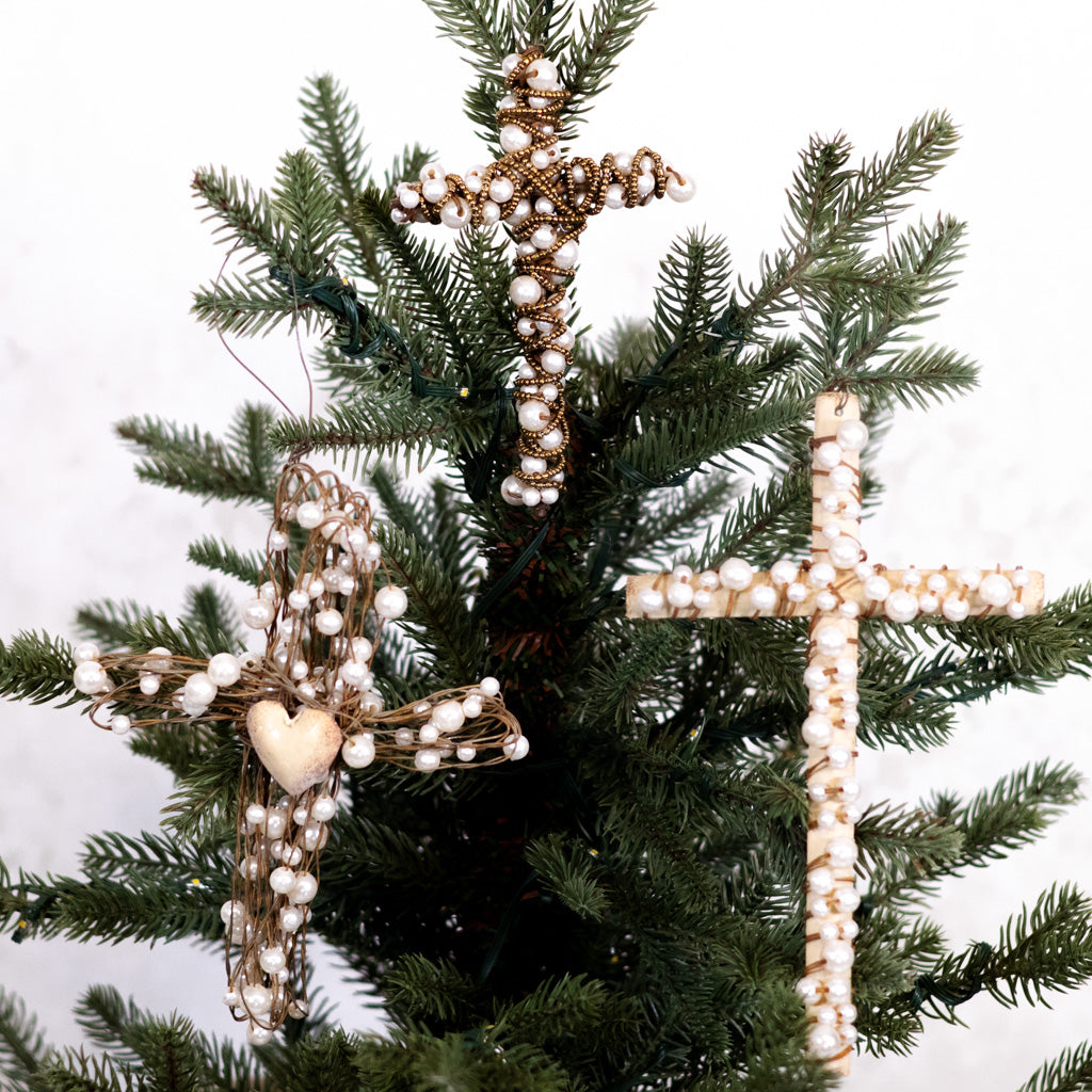 Metal Wire Cross with  White Beads and Gold Roping