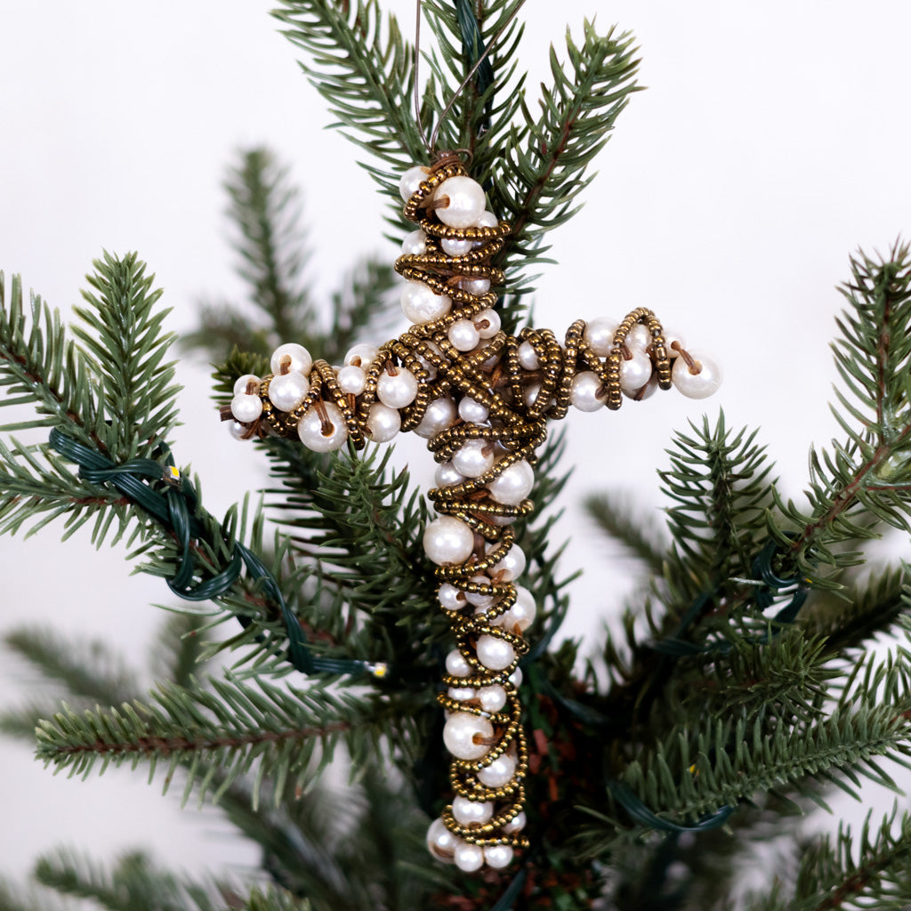 Metal Wire Cross with  White Beads and Gold Roping