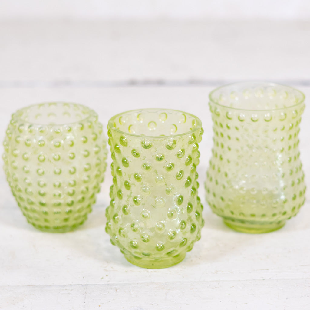 Iridescent Hobnail Green Glass Votive Tall
