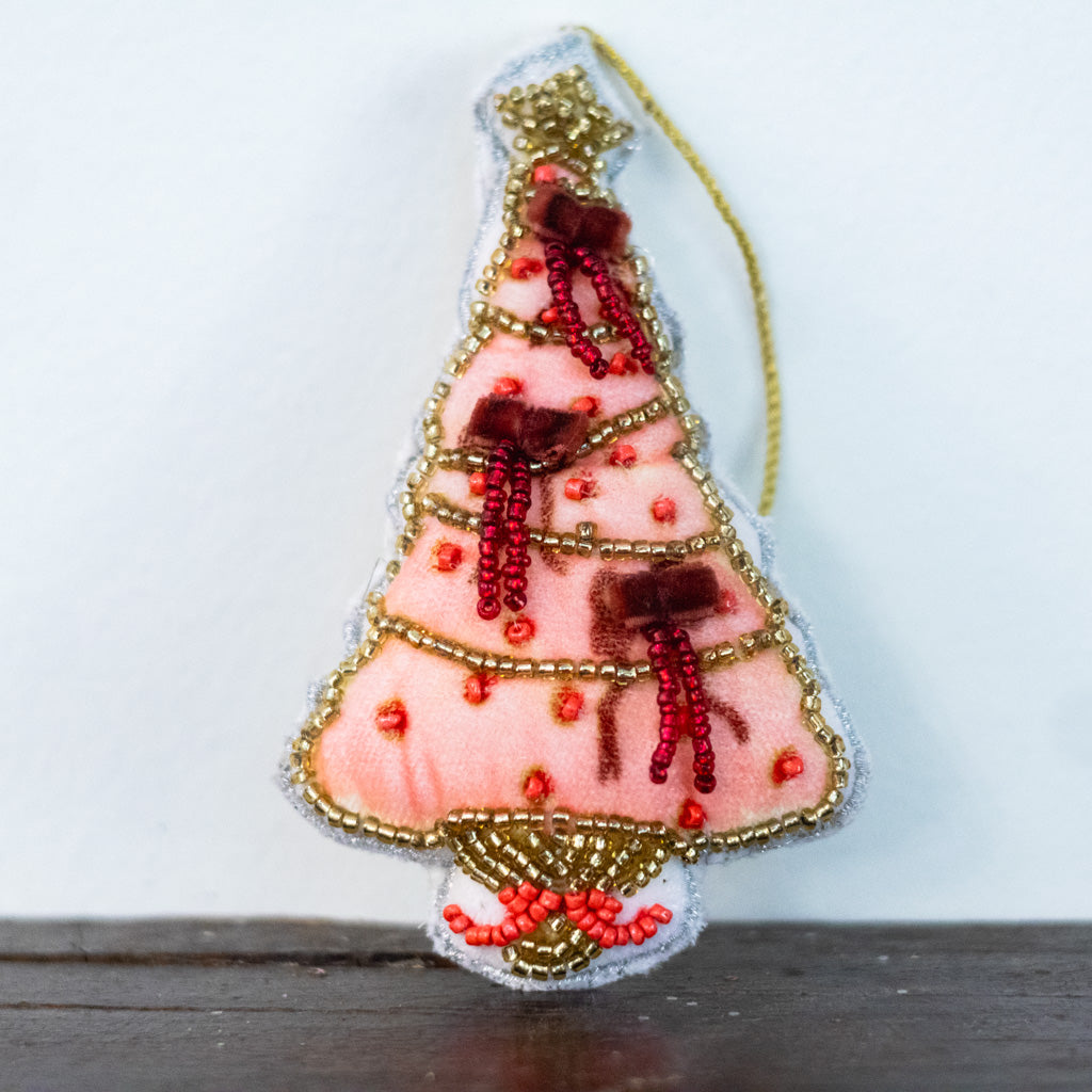 Beaded Fabric Christmas Tree Pink with Ribbon