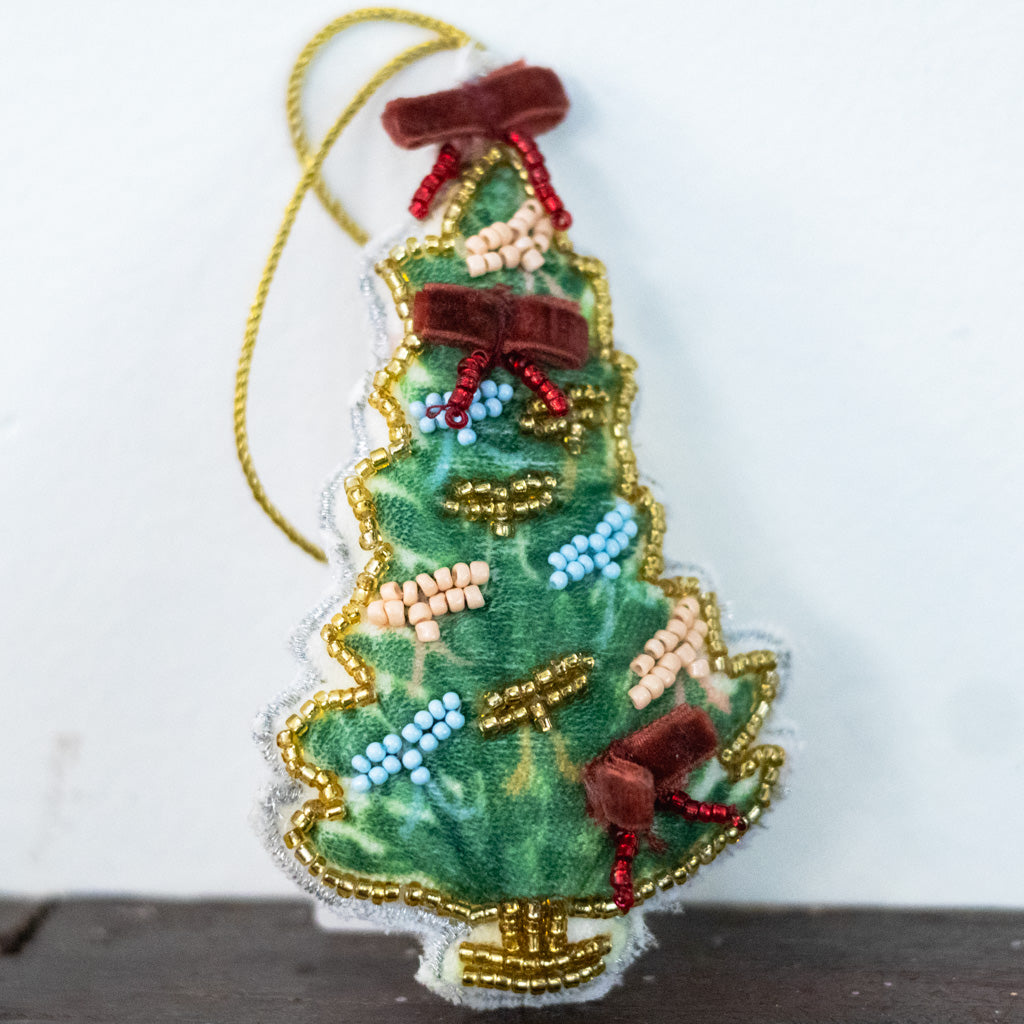 Beaded Fabric Christmas Tree Green with Ribbon