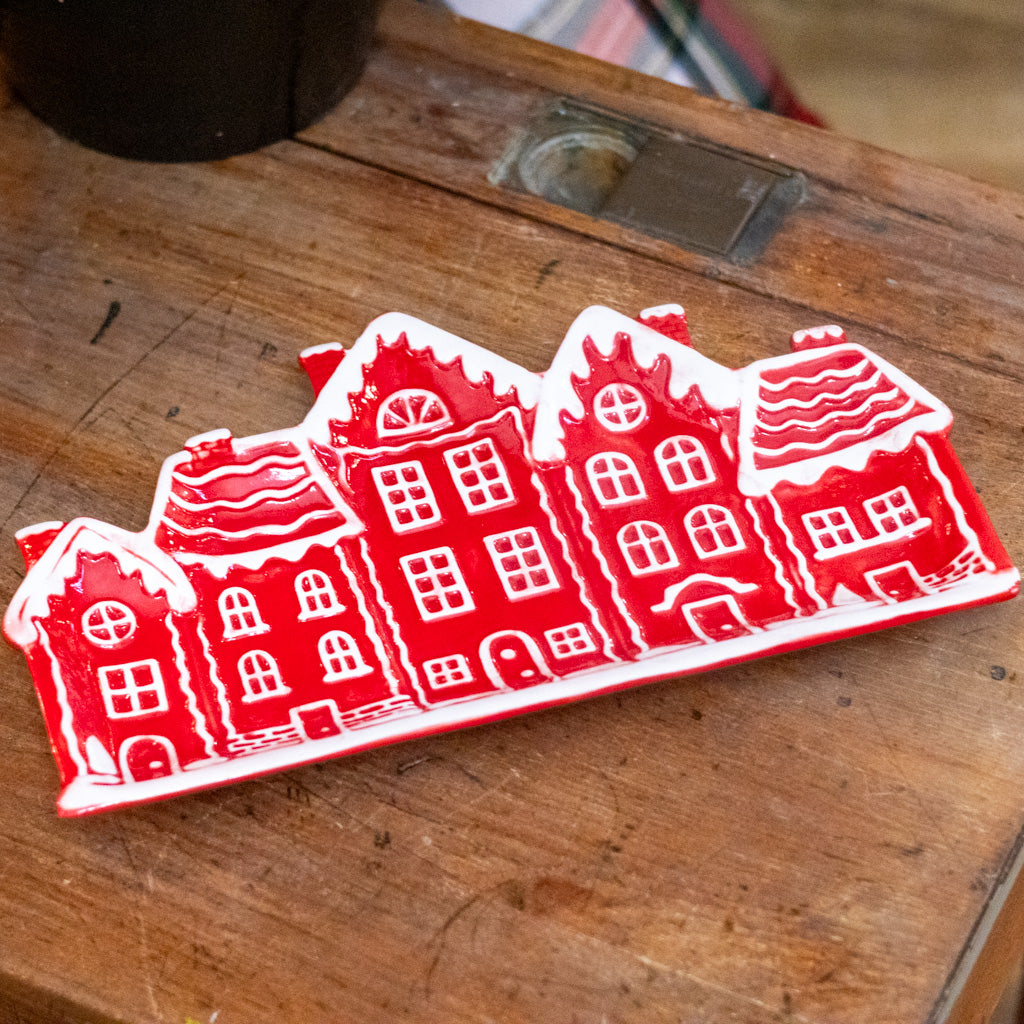 Ceramic Red White Street with Houses Platter