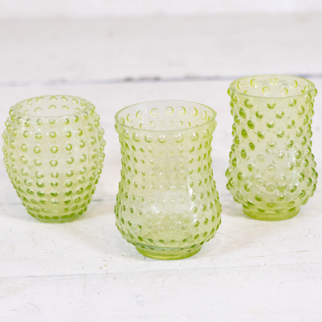 Iridescent Hobnail Green Glass Votive Wide