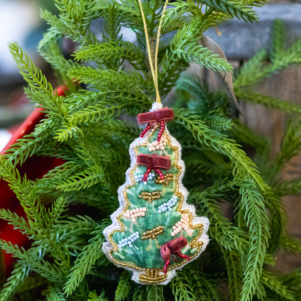 Beaded Fabric Christmas Tree Green with Ribbon